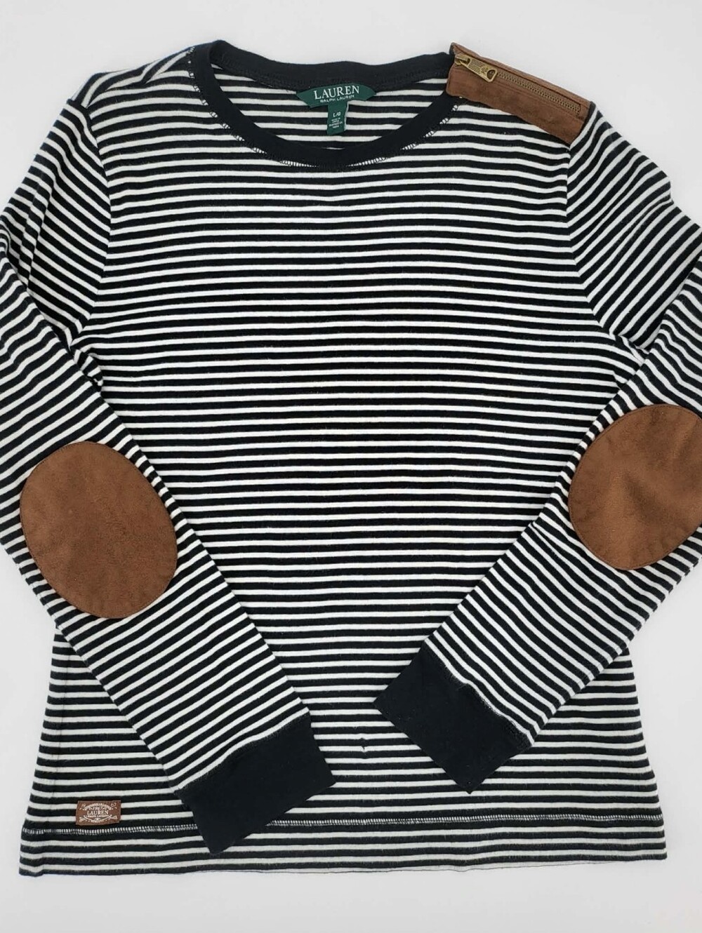 Lauren Ralph Lauren Black & White Striped Elbow Patch Sweater